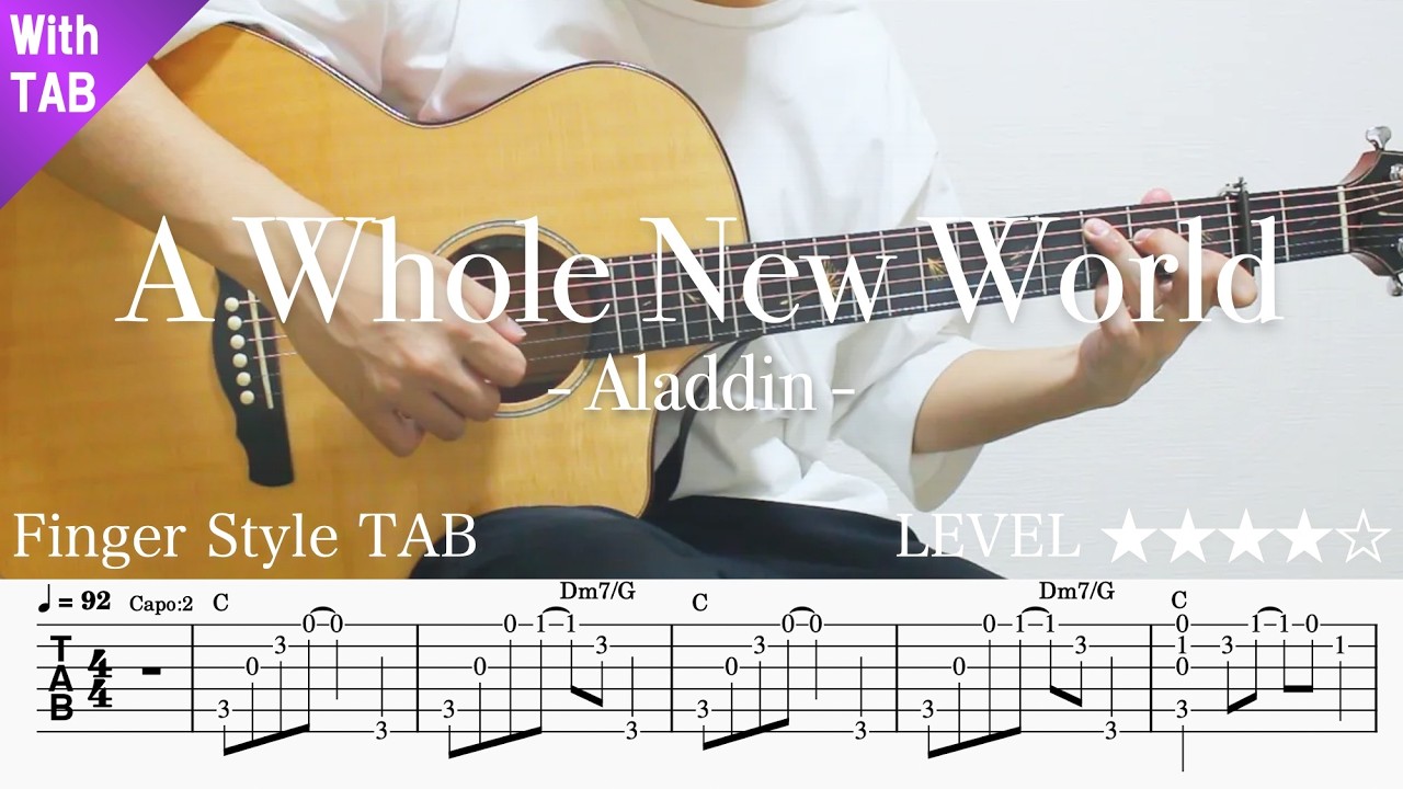 【A Whole New World / Aladdin・ホールニューワールド・アラジン】ソロギター楽譜（TAB譜付き）- Yazawa masaki 矢澤 正樹